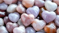 Polished rose quartz and amethyst heart-shaped stones with smooth surfaces, used for crystal healing, meditation, or decorative purposes.