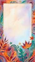 Colorful ornamental border frame with vibrant floral and geometric patterns in red, orange, purple, and teal featuring stars and leaves surrounding blank center space for text or design use.