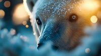 Polar bear close up portrait in winter with glowing bokeh lights and snow, dramatic wildlife photography showing majestic arctic predator in natural habitat.
