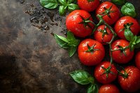 Fresh ripe tomatoes with water drops and green basil leaves on dark rustic background. Top view composition for food photography and menu design.