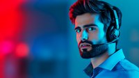 Young Middle Eastern male customer service representative wearing headset in neon lighting with red and blue gradient background, looking confident and professional.
