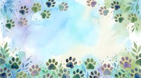 Watercolor paw prints and botanical leaves frame a soft pastel background in shades of blue, purple, and green. Isolated design element suitable for pet-related projects, greeting cards, and animal-themed merchandise.
