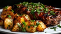 Juicy grilled steak with roasted baby potatoes garnished with fresh herbs on white plate, close up view showing meat texture and caramelized surface.