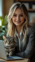 Young blonde woman in business attire working from home with tabby cat on desk near laptop. Natural lighting and cozy home office environment creates warm atmosphere.