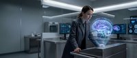 Professional businessman analyzing holographic brain projection in futuristic laboratory with advanced technology displays and modern equipment.