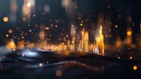 Glowing financial chart with golden light bars rising from dark waves, surrounded by bokeh particles creating magical atmosphere for business concepts.