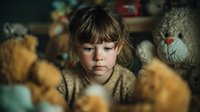 Young child with blonde hair surrounded by colorful stuffed animals and toys in cozy bedroom setting for childhood development and play concepts.