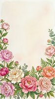 Watercolor peony flowers frame border on textured paper background with copy space for wedding invitations greeting cards and romantic design projects.