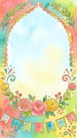 Watercolor floral frame with ornamental leaves, decorative dots, and colorful bunting banner on gradient background. Isolated design element suitable for greeting cards, invitations, and posters.
