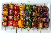 Grilled vegetable and tofu skewers with colorful bell peppers, red onions and sesame seeds arranged on white plate, topped with fresh herbs and Asian marinade.