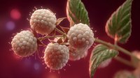 Macro view of white raspberry fruit cluster with green leaves against deep red background with bokeh effect, showcasing detailed texture and freshness.