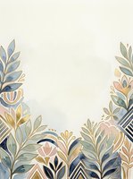 Elegant watercolor floral border with gold accents, pastel leaves and blooms in blue, pink and sage on a soft cream background for cards and prints.