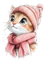 Cute cartoon cat wearing pink winter knit hat and scarf, drawn in soft watercolor style with big expressive eyes. Isolated on white background for stickers and prints.