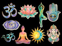 Spiritual and yoga symbols collection isolated on transparent background, featuring om signs, lotus flower, chakra wheels, hamsa hand, meditation pose, sun icon, and ganesha deity. Ready for t-shirt design, clipart, stickers, sublimation, and print-on-demand products.