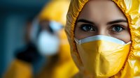 Young female medical worker in yellow protective suit and face mask with intense blue eyes looking at camera during pandemic emergency response.