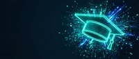 Glowing neon graduation cap with digital particles and light rays on dark background, symbolizing online education, e-learning, and digital knowledge advancement.