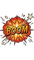 Comic book explosion burst with BOOM text in retro pop art style isolated on white background for graphic design and print projects.