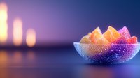 Colorful fruit gummies in glass bowl with warm bokeh lights creating cozy evening atmosphere for confectionery and sweet treat concepts.