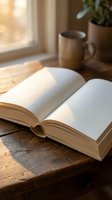 Open book with blank pages on wooden table near window with warm sunlight, coffee mug and plant creating cozy reading atmosphere for relaxation and study.