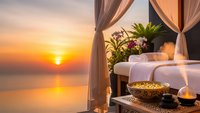 Luxury spa massage table with ocean sunset view, tropical resort wellness retreat setting with candles and flowers for relaxation and rejuvenation therapy.