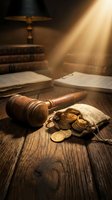 Wooden gavel with gold coins spilling from burlap sack on rustic desk with law books and dramatic sunlight for legal and financial concepts.