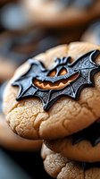 Halloween bat-shaped cookie cutter on fresh baked cookies for spooky autumn baking and festive seasonal treats preparation.