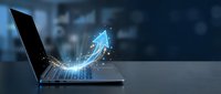 Digital arrow emerging from laptop screen with glowing particles and data visualization effects on dark blue technology background for business growth concepts.
