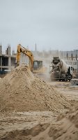 Construction site with sand pile, excavator and concrete mixer truck working on building project with dusty industrial atmosphere.