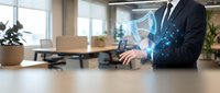Professional businessman using holographic shield technology for cybersecurity protection in modern office environment with digital data safety concepts.