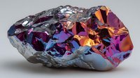 Colorful iridescent mineral specimen with vibrant purple, orange, and blue reflective surfaces against gray background, showcasing natural crystalline formation.