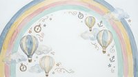 Watercolor rainbow with hot air balloons and whimsical doodles on white background for nursery decor and children's design projects.