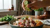 Hands squeezing fresh lime juice over seafood salad with shrimp, vegetables and citrus in bowl. Food preparation and cooking ingredient for culinary, recipe and restaurant use.