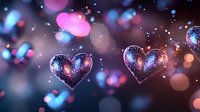 Glowing hearts with sparkles floating in dark space surrounded by pink and blue bokeh lights create romantic magical atmosphere for Valentine's Day designs.