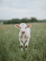 Young white calf standing in green meadow pasture with wildflowers under cloudy sky for agricultural and farming content.