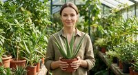 Young Caucasian woman gardener holding potted plant in greenhouse surrounded by lush green foliage and terracotta pots for sustainable gardening concept.