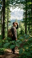 Male hiker with backpack standing on forest trail, shielding eyes while gazing at distant mountain peaks framed by tall trees and green foliage during daytime outdoor adventure.