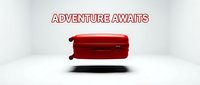 Red suitcase floating in white studio with bold Adventure Awaits text, evoking travel excitement and wanderlust for tourism campaigns.