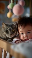 Adorable Asian baby lying with gray tabby kitten in crib under colorful mobile toys creating heartwarming friendship moment in nursery room.
