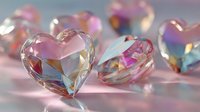 Crystal heart-shaped gems with rainbow reflections scattered on soft pink surface creating romantic luxury jewelry concept for Valentine's Day celebrations.