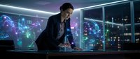 Professional businessman analyzing holographic global network data visualization in modern office environment for technology presentations.