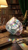 Large iridescent crystal prism creating rainbow light reflections on vintage wooden desk in scholarly library setting with antique microscope and books.