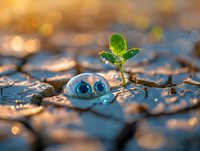 Creative nature photography featuring a small green sprout growing beside decorative blue googly eyes on cracked dry soil, with warm sunset bokeh lighting perfect for environmental concepts.