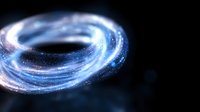 Glowing blue spiral light trail with sparkles and particles swirling in dark space, creating dynamic motion effect for abstract backgrounds and creative designs.