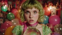 Young woman with blonde bob haircut wearing green sequined top and pink choker necklace surrounded by colorful party balloons in festive celebration setting.
