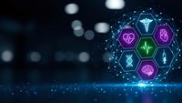 Digital healthcare technology network with medical icons in hexagonal pattern on dark blue background with bokeh lights and data connections.