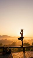 Woman practicing yoga tree pose on wooden deck at sunrise with mountain landscape and golden sky for wellness and meditation content.