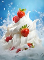 Fresh strawberries and raspberries on swirled whipped cream with water drops and splashes against blue background, dynamic food composition for dessert advertising.