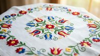 Traditional folk embroidery with colorful floral motifs on white fabric featuring red tulips, blue flowers and decorative swirls in ethnic style.