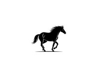Black horse silhouette galloping with flowing mane and tail isolated on white background for logos, equestrian designs and branding projects.