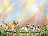 Three dogs playing together in a grassy field with wildflowers under a colorful sky. Golden retriever and two corgis enjoying outdoor activity. Suitable for pet-related designs.